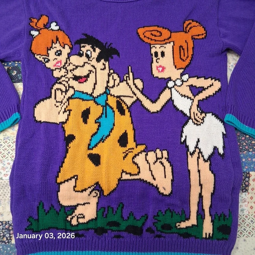 Vintage Flintstones Knit Sweater Teen Size Large 14 Purple Fred Wilma Pebbles